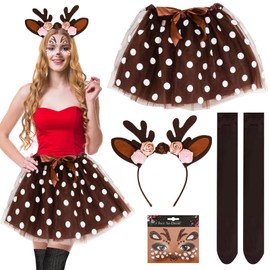 LEEWENYAN Carnival Deer Costume Women's Adult Reindeer Costume with Tulle Skirt Socks Deer Antlers Headband Deer Face Tattoo, Women's Reindeer Costume for Carnival Cosplay Theme Party