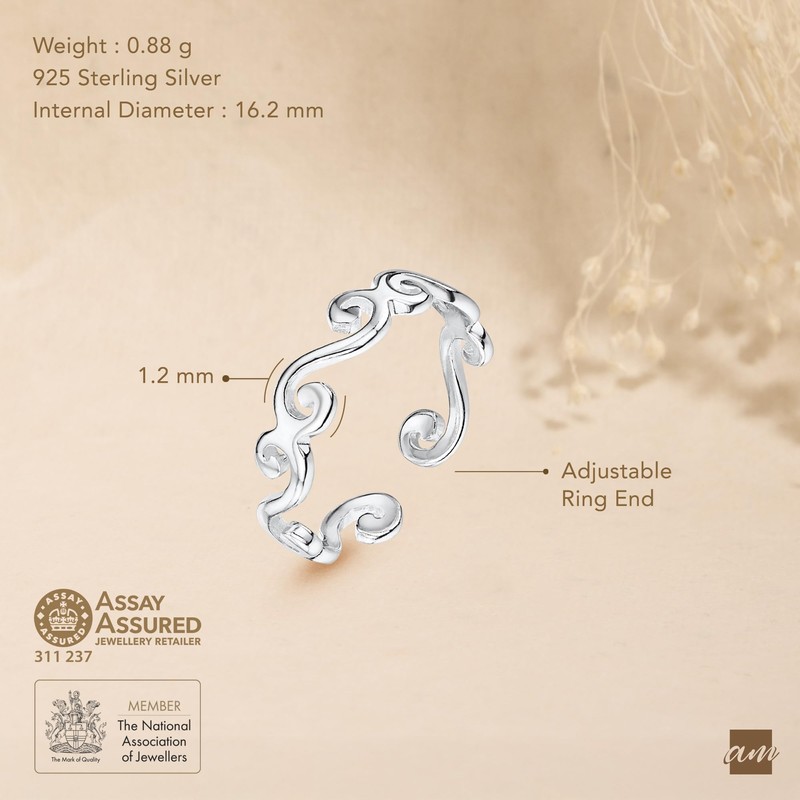 Amberta 925 Sterling Silver Toe Ring Adjustable Women's Dolphin Flowers