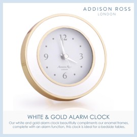 Addison Ross White and Gold Plated Silent Alarm Clock with Enamel Finish, Sweep Movement, Glow in The Dark Hands, Elegant Bedside Table Decor