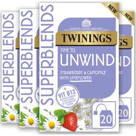 Twinings Superblends Unwind Tea - Strawberry Herbal Tea Infusion with Camomile, Lemon Balm, Limeflower & Vitamin B12, 80 Biodegradable Tea Bags