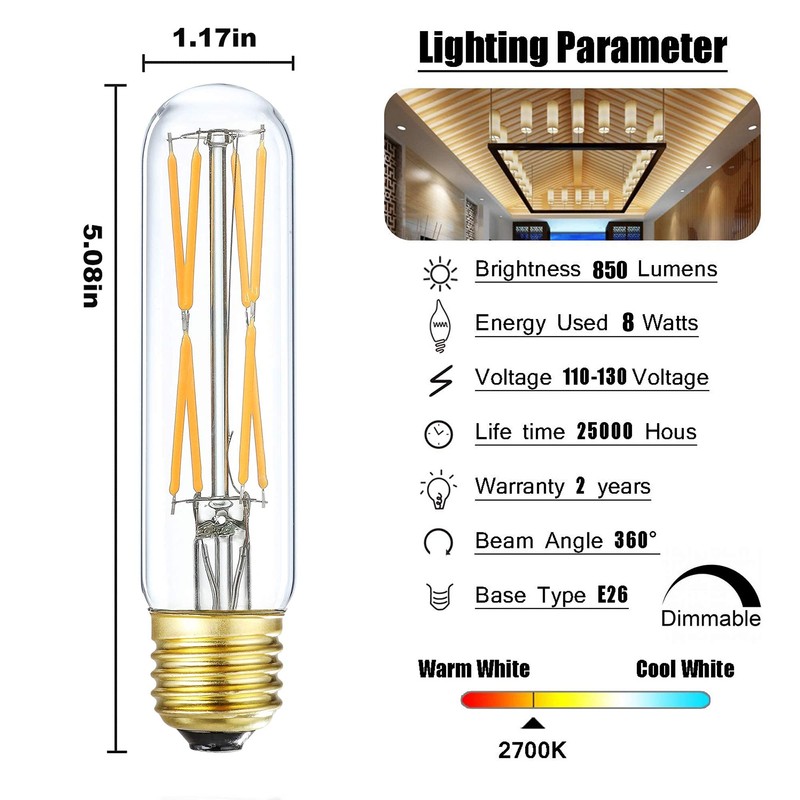 T10 Led Bulb, 8W Dimmable Led Tubular Bulbs, 75-100 Watt