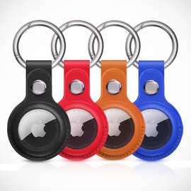 BOBBYBEE 4 Pack AirTag Keychain- Premium Leather Airtag Case - Design for AirTags, Pets, Car, Keys, Comes with Metal Snap Keyring for Luggage - Luxury & Stylish AirTag Cases (Black, Blue, Red, Brown)