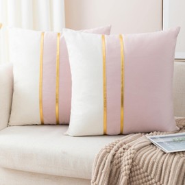 ZLINA Set of 2 Velvet Decorative Throw Pillow Covers Pink White Patchwork with Gold Leather Pillow Covers 22 × 22 Inch Cushion Covers Decor Living Room Sofa Bedroom Car