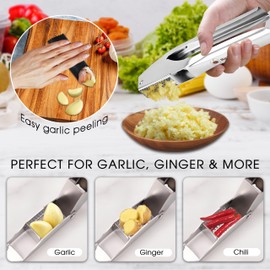 Garlic Press Stainless Steel - Garlic Mincer Tool - Garlic Crusher Stainless Steel - Garlic Slicer - 7.34 Oz, Inox 304, Larger Capacity - Enhanced Design, No Peeling, Easy to Clean with Included Gift