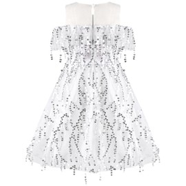 Sunny Fashion Girls Dress White Off Shoulder Sequin Tassel Flapper Party Pageant Size 12 Years