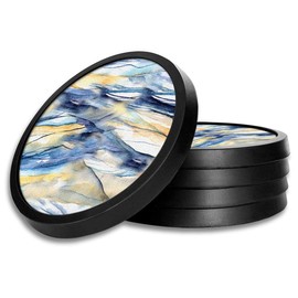 Silicone Non-Slip Drink Coasters with Removable Printed Absorbent Felt Pad - Set of 4 - Blue & Tan Watercolor