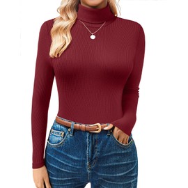 GKBK Women's Turtleneck Sweaters Fitted Long Sleeve Ribbed Shirts Lightweight Thermal Underwear Warm Layering Tops Fall Outfits 2025 Trendy Wine Red