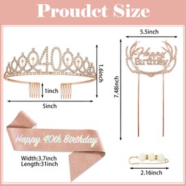 POPOYU 40th Birthday Tiara and Sash,Rose Gold 40th Birthday Crown,Birthday Queen Sash,Sweet 40 Birthday& Sash for for Her Women Birthdays Accessories Gifts Party Costume Decoration