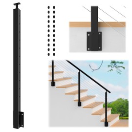Gyykzz Side Mount Cable Railing Post 42" (Post Body 47.6"), Fixed Top Level Drilled Side Mount Post with Cable Grommets, Black Stainless Steel 304 Fascia Mount Metal Post, Wood Concrete Deck Rail Post