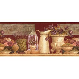 CONCORD WALLCOVERINGS ™ Wallpaper Border Vintage Pattern Vases Flowers for Cottage Dining Room Living Room, Beige Burgundy Purple, 15 ft by 10.25 in EU4771B