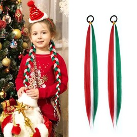 2 Pack Colored Braid Hair Extensions 26 Inch Ponytail Extensions for Women Girls Green Red White Hair Extensions for Christmas Braiding Crazy Hair Day Hair Accessories with Hair Tie
