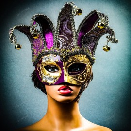 ILOVEMASKS Jester Joker Costume Venetian Half Face Masquerade Party Mask with Bells Gold - Purple Gold