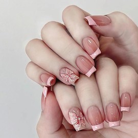 Ceboic 24Pcs Stick on Nails Short, Square False Nails Pink Butterfly Press on Nails with Designs, Acrylic Full Cover Fake Nails Glossy Removable Glue on Nails French Manicure for Women Girls