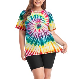 Inno Women's Plus Size 2 Piece Rash Guard Swimsuits Short Sleeve with Boyshorts UPF 50+ Surfing Swimwear, Floral Red, 3X