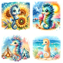 Baby Room Wall Art Prints; Seahorses Nursery Décor; Kids Room Decorations; Gender Neutral Art; Baby Shower Gift, Unframed Wall Art, Baby Room Decor, Woodland Animals 11 inch x 14 inch (Set of 4)