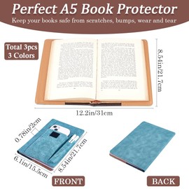craspire 3 Colour Book Cover PU Leather A5 Waterproof Book Cover Grey Cyan Black Reusable Book Protector for Paperbooks Notebook Covers with Pen Pockets for Book Lovers Classmates