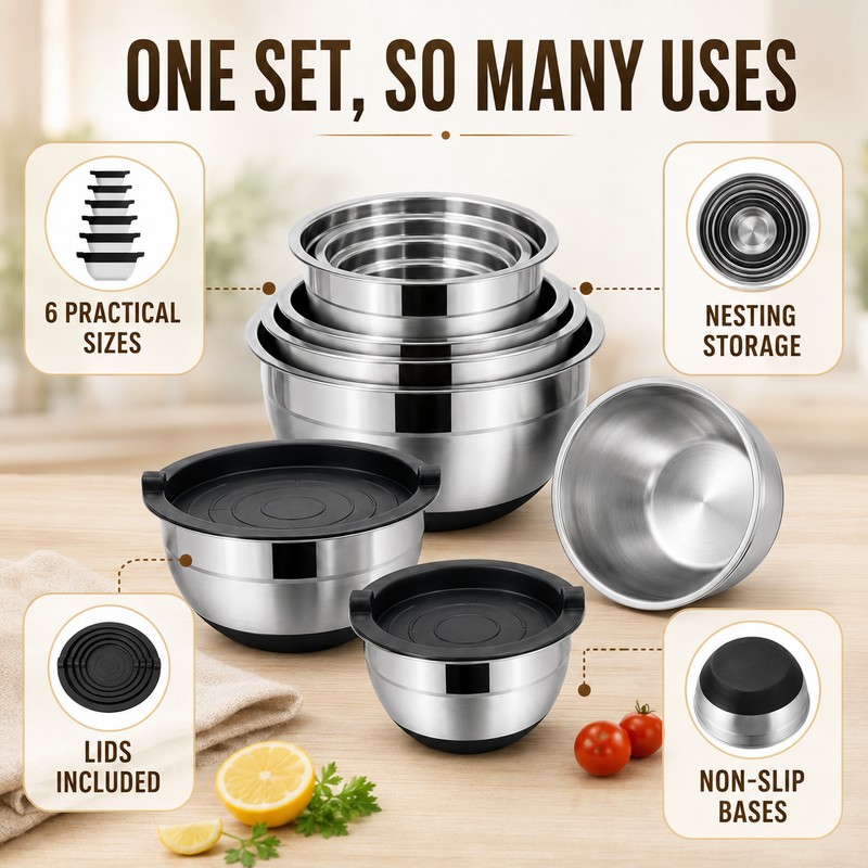LMETJMA Stainless Steel Mixing Bowls Set of 5 - Durable