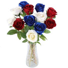 Hananona Artificial Roses Flowers for 4th of July Decorations, 12 Pcs Silk Rose Bouquet for Patriotic Flower Decor, Faux Roses for Independence Day Parties Cemetery Flowers (12, Red，White，Blue)