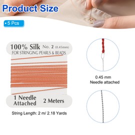 PATIKIL Silk Cord Thread, 5 Pcs Pure Silk Beading Thread Cord Size 0.45 mm with the Knotting Pearls Needle Attached, Tangerine