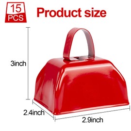 LOSYHU 15 Pack Metal Cowbells 3 Inch Red Cow Bells Noise Makers Loud Cow Bell with Handles, Small Cowbell Hand Percussion Cowbells for Sporting Events, Cheering, Team Spirit, Weddings