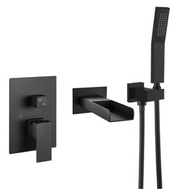 Cinwiny Wall Mount Tub Filler with Handheld Sprayer Waterfall Bathtub Faucet with Sprayer Single Handle Shower Tub Faucet Set Tub Spout,Matte Black