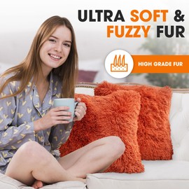 Cheer Collection Throw Pillows for Couch and Bed, Soft Shaggy Throw Pillows with Inserts Included, Cozy Long Hair Faux Fur Pillows - Set of 2-18" x 18" - Rust Orange