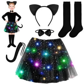 EKKONG Cat Costume Children Girls Pack of 5 Cat Costumes for Child Cat Costume Kids Fancy Dress Costume Cat Girl Tutu with LED Ears Tail Collar Over the Knee Socks Costume Cat