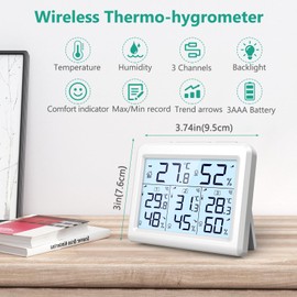 ORIA Indoor Outdoor Thermometer, Digital Hygrometer Thermometer, Wireless Temperature and Humidity Gauge Monitor with 3 Sensors, LCD Backlight for Home, Office, Bedroom, White