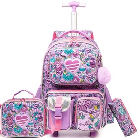 ZBAOGTW Rolling Backpack for Girls Rolling Backpack Kids Trolley School Bag with Wheels Kids Rolling Backpack Luggage for Elementary Student with Lunch Box Pencil Case