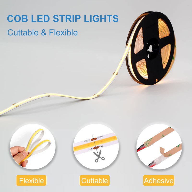 LLTOP COB LED Strip Lights Daylight White 6000K, DC24v 16.4ft/5m