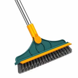 2-in-1 Floor Scrub Brush with Squeegee – 51.4" Long Handle, V-Shape Stiff Bristles, and 120° Rotating Head – Ideal for Grout, Tile, Bathroom, and Kitchen Cleaning Steel Tool Adjustable Lightweight - Color: green