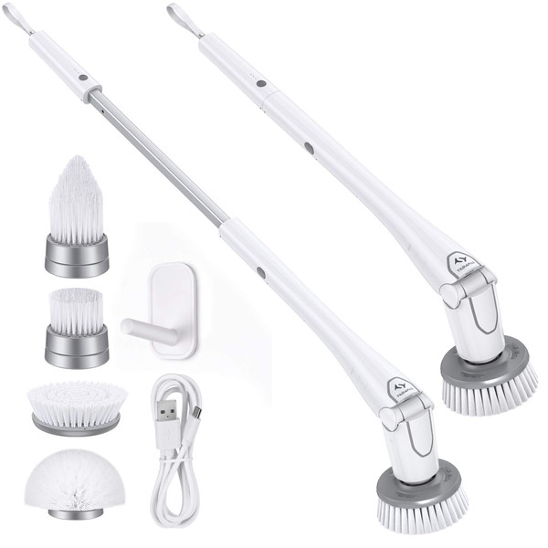 Tilswall Electric Spin Scrubber - Cordless Shower Power Scrubber, Bathroom Cleaner Tools Set with 4 Replaceable Brush Heads, Grout Cleaning Brush with Long Handle for Tile Floor Bathtub
