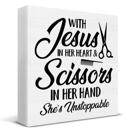 Hair Salon Decor - Salon Decor for Hair Stylist - Rustic with Jesus in Her Heart and Scissors in Her Hand Wooden Sign Hair Salon Barbershop Decoration 5×5 Inches - Hair Stylist Gifts