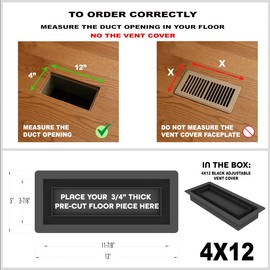 4X12 Black Adjustable air Flow Floor Register with Tray for Flooring Insert – Heavy-Duty Steel Flush Moun Vent Cover for Floor – Modern Low-Profile Design – DIY Installation
