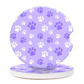 2 Pack Vintage Ceramic Car Coasters 2.56 Inch,Absorbent Car Cup Holder Coaster for Women,Auto Accessories with Finger Notch - Purple Dog Paw