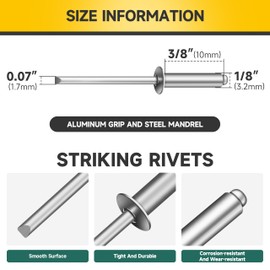 Mywish (300Pcs) 1/8" x 3/8" Blind Pop Rivets Aluminum Grip and Steel Mandrel Blind Rivets, Open End 1/8 Rivets for Metal