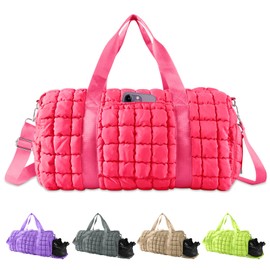 Quilted Travel Duffle Bag Gym Bag for Women,Large Puffer Duffle Weekender Bag with Compartment,Workout Overnight Carry on Organizer Bag Duffle Bag for Airplane Travel(Rosered)