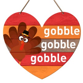 Thanksgiving Wall Door Sign Decor, Fall Turkey Decoration for Kitchen Dining Room Home Farmhouse Living Room Autumn Thanksgiving Heart Wood Plaque Hanging Wall Decor Sign, Gobble Gobble