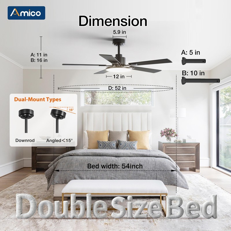 Amico 52 Inch Smart Ceiling Fan with Lights, Remote/App/Alexa/Google Control,