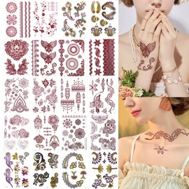 XMASIR XMASIR 20 Sheets Brown Red Tattoos Stickers Lace Colorful Tattoo Flash Fake flower Tattoo Waterproof Temporary Tattoo Stickers for Women Girls Body Art