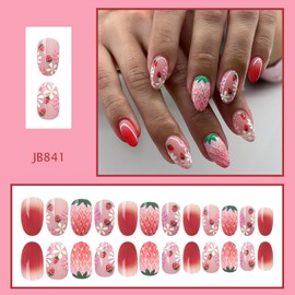 Summer Press on Nails Short Almond Fake Nails with Strawberry Flower designs Cute False Nails Glossy 3D Glue on Nails Full Cover Gradient Acrylic Nails for Women Art Manicure Kit 24pcs