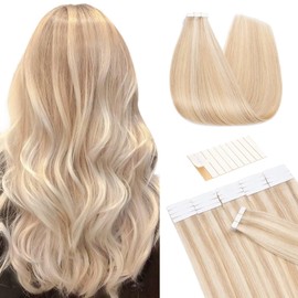 Tess Tape Extensions Real Hair Ombre Light Gold Blonde / Blonde #18/613 Tape Hair Pieces Tape-In Hair Extensions, Remy Human Hair Straight, 10 Pieces, 18 Inches (45 cm) – 25 g