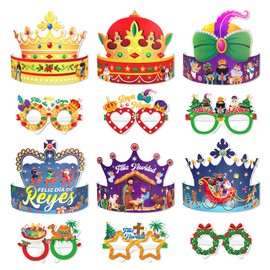 DPKOW 24pcs Día de Reyes de Navidad Sombrero Gafas, Feliz Día de Reyes de Papel de fiesta Gafas de Sombreros para los niños de Navidad