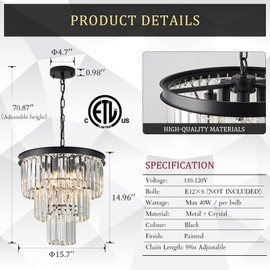 CATINER Modern Crystal Chandeliers 16" Small Black Pendant Light Luxury 3 Tiers K9 Crystal Ceiling Pendant Round Light Fixture 6-Light for Dining Room Entryway Kitchen Bedroom Closet