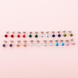 12 Pairs 18K Gold Plated Surgical Stainless Steel Stud Earring, Princess Cut Square Teardrop Cubic Zirconia Birthstone Stud Earrings Set for Women (Silver round 4mm)