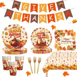 Thanksgiving Party Supplies,Includes Happy Thanksgiving Banner,Turkey Plates,Napkins,Cups and Tablecloth for Thanksgiving Dinner Party Decorations.