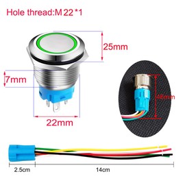 Gebildet 0.87 inch/22 mm Momentary Push Button Stainless Steel Button 12V-24V 5A LED 1NO1NC SPDT On/Off Waterproof with Cable Socket Plug (Green LED)
