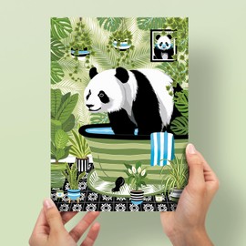 Panda on Toilet Print, Panda Bathroom Print, A4 UNFRAMED Print, Animal on Toilet Print, Botanical Green Print Tropical Bathroom Decor