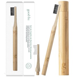 Good4u® Reisezahnbürstenset, Bambusbürste mit weichen Aktivkohleborsten + Nachfüllpack + biologisch abbaubares Etui, umweltfreundliche Zahnbürste für Erwachsene, Zero Waste