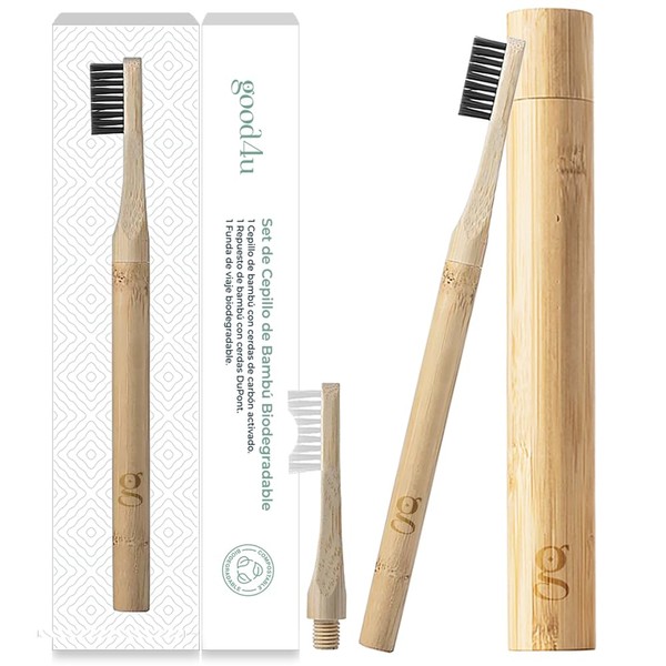Good4u® Reisezahnbürstenset, Bambusbürste mit weichen Aktivkohleborsten + Nachfüllpack + biologisch